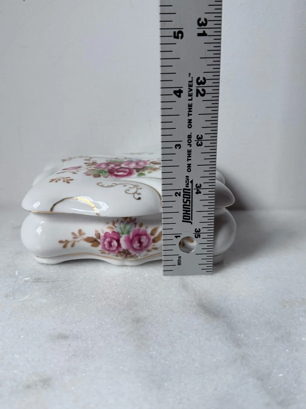 Porcelain Floral Trinket Box with Pink Rose Motif Japan vintage